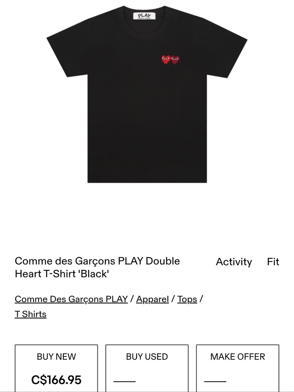 Comme des Garçons PLAY Black T-Shirt with Red Double Heart Logo - Picture 2 of 3